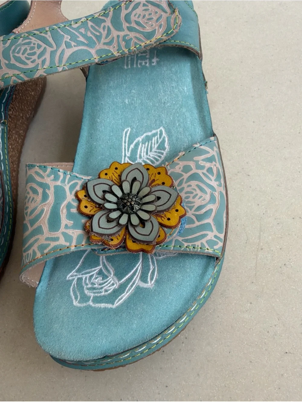 New L'Artiste by Spring Step Leather Wedge Teal Sandals Cuteness Sz 38, US 7.5~8